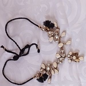 J Crew crystal and cream bead necklace with black cord and tassels